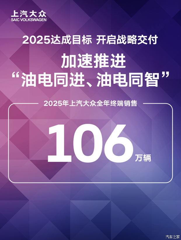 上汽大众2025年销量106万辆 今年推7款新能源车 E7X北京车展首发